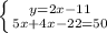 \left \{ {{y=2x-11} \atop {5x+4x-22=50}} \right.