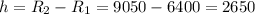 h = R_{2}-R_{1}=9050 - 6400 = 2650