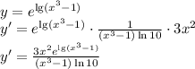 \\y= e^{\lg(x^3 - 1)}\\ y'= e^{\lg(x^3 - 1)}\cdot\frac{1}{(x^3-1)\ln 10}\cdot3x^2\\ y'=\frac{3x^2e^{\lg(x^3-1)}}{(x^3-1)\ln10}