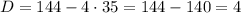 D=144-4\cdot{35}=144-140=4