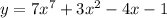 y = 7x^7+3x^2-4x-1