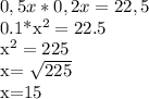 \displaystyle 0,5x*0,2x=22,5&#10;&#10;0.1*x^2=22.5&#10;&#10;x^2=225&#10;&#10;x= \sqrt{225}&#10;&#10;x=15 &#10;&#10;