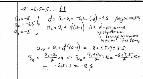 Найти десятый член арифметической прогрессии: -8; -6,5; -5; вычеслите сумму первых десяти ее членов.