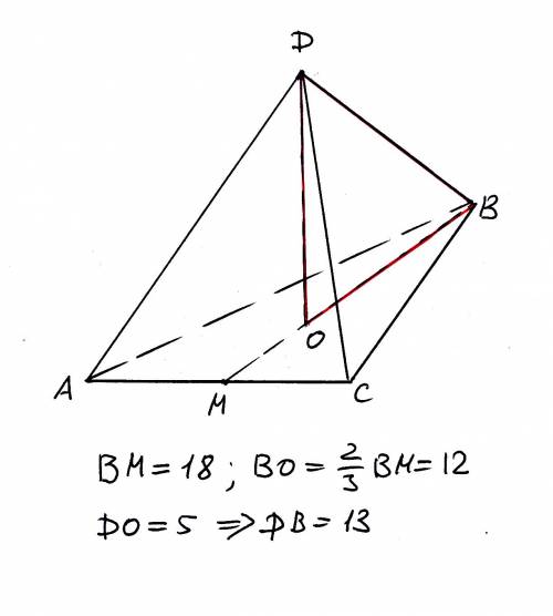 Высота правильной пирамиды равна5 одна из медиан основания равна 18. найти боковое ребро пирамиды?