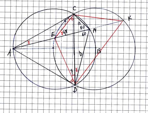 Вокружности проведен диаметр ab. другая окружность с центром b пересекает первую в точках c и d, m-т