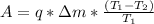 A=q*\Delta m*\frac{(T_{1}-T_{2})}{T_{1}}