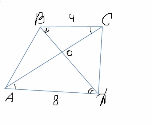 Трапеция abcd с основаниями ad=8 и dc=4, о-точка пересечения диагоналей, bd=18. найти длины отрезков