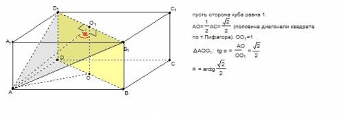 Вкубе abcda1b1c1d1 найти тангенс угла между пл. bdd1 и ab1d1