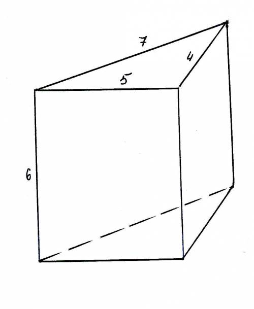 Впрямой треугольной призме стороны равны 4 см ,5см,7см а боковое ребро равно 6 см найти объем призмы