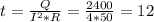 t=\frac{Q}{I^2*R}=\frac{2400}{4*50 }=12