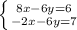 \left \{ {{8x-6y=6} \atop {-2x-6y=7}} \right.