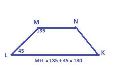Если в трапеции mnkl угол m = 135 градусов и угол l = 45 градусов укажите ее паралельные и непаралел