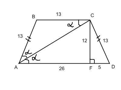 .(Основания равнобокой трапеции равны 13 см и 23 см, а диагональ делит её острый угол пополам. найди