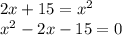 2x+15=x^2\\ x^2-2x-15=0