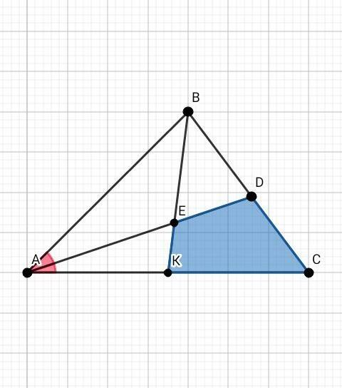 Площадь треугольника равна 90. биссектриса ад пересекает медиану вк в точке е. при этом вд: сд=2: 1.