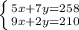 \left \{ {{5x+7y=258} \atop {9x+2y=210}} \right