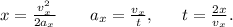 x=\frac{v_{x}^2}{2a_{x}}\ \ \ \ \ \ a_{x}=\frac{v_{x}}{t},\ \ \ \ \ t=\frac{2x}{v_{x}}.