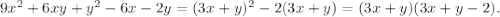 9x^2+6xy+y^2-6x-2y=(3x+y)^2-2(3x+y)=(3x+y)(3x+y-2).