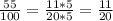 \frac{55}{100} = \frac{11*5}{20*5} = \frac{11}{20}