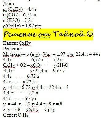.(При сгорании алкана массой 4,4г образовался оксид углерода(iv)объемом 6,72л (н. у.)и 7,2л водяных 