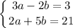 \displaystyle \left \{ {{3a-2b=3} \atop {2a+5b=21}} \right.