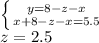  \left \{ {{ y= 8 - z-x} \atop {x+8 - z- x = 5.5}} \right \\ z = 2.5