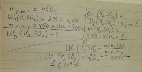 К450 г 2 % раствора серной кислоты добавили 350 г воды.вычислить массовую долю серной кислоты в полу