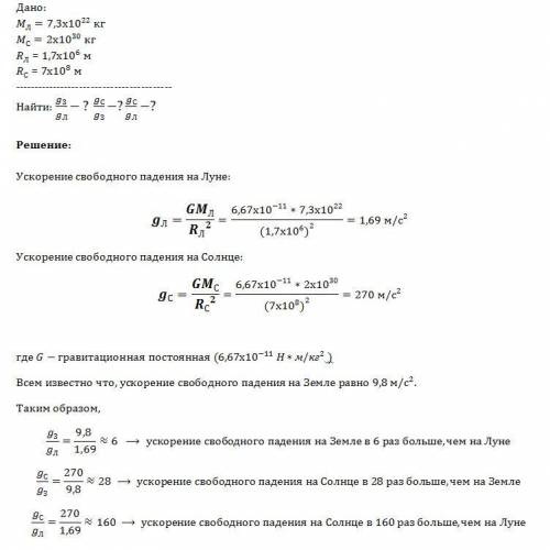 Сравните ускорение свободного падения на поверхности земли, луны и солнца. массы луны и солнца прими