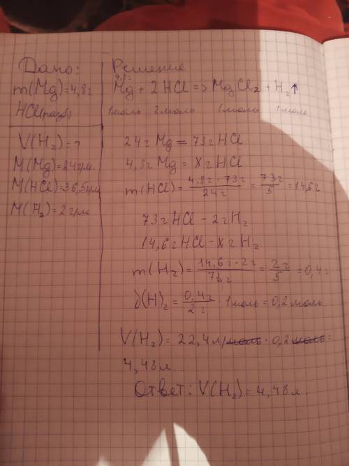 Какой обьем займет водород, полученный растворением 4.8 г магния в разбавленной соляной кислоте