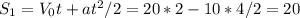 S_{1}=V_{0}t+at^2/2=20*2-10*4/2=20