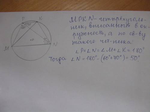 Хорда мк и pn пересекаются, угол npm=60 градусам, угол npk=70 градусам.найдите угол mnk