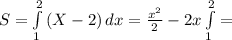 S=\int\limits^2_1 {(X-2)} \, dx = \frac{x^{2}}{2}-2x\int\limits^2_1=