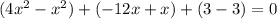 (4x^{2}-x^{2})+(-12x+x)+(3-3)=0