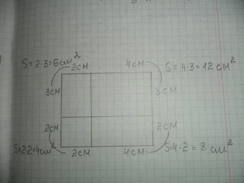Площадь прямоугольника 30см2 начертить два отрезка чтобы получились 4 прямоугольника площадью 6 см2;