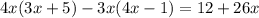 4x(3x+5)-3x(4x-1)=12+26x