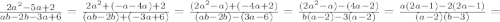 \frac{2a^{2}-5a+2}{ab-2b-3a+6}=\frac{2a^{2}+(-a-4a)+2}{(ab-2b)+(-3a+6)}=\frac{(2a^{2}-a)+(-4a+2)}{(ab-2b)-(3a-6)}=\frac{(2a^{2}-a)-(4a-2)}{b(a-2)-3(a-2)}=\frac{a(2a-1)-2(2a-1)}{(a-2)(b-3)}=