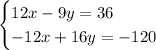 \begin{cases} 12x-9y=36\\-12x+16y=-120\\ \end{cases}