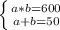 \left \{ {{a*b=600} \atop {a+b=50}} \right