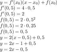 \\y=f'(x_0)(x-x_0)+f(x_0)\\ f'(0,5)=4\cdot0,5\\ f'(0,5)=2\\ f(0,5)=2\cdot0,5^2\\ f(0,5)=2\cdot0,25\\ f(0,5)=0,5\\ y=2(x-0,5)+0,5\\ y=2x-1+0,5 \\y=2x-0,5