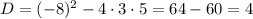 D=(-8)^{2}-4\cdot3\cdot5=64-60=4