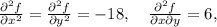 \frac{\partial^2f}{\partial x^2}=\frac{\partial^2f}{\partial y^2}=-18,\ \ \ \frac{\partial^2f}{\partial x\partial y}=6,