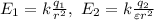 E_1=k\frac{q_1}{r^2},\ E_2= k\frac{q_2}{\varepsilon r^2}