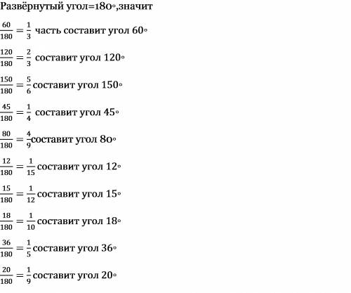Какую часть развёрнутого угла составляет угол 60 градусов,120 градусов,150 градусов,45 градусов,80 г