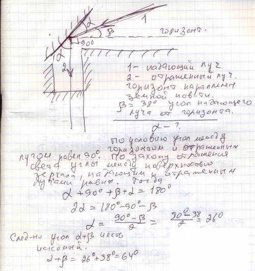 Высота солнца над горизонтом составляет α = 38°. под каким углом β к горизонту следует расположить п