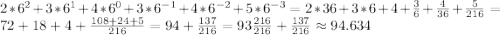 2*6^{2}+3*6^{1}+4*6^{0}+3*6^{-1}+4*6^{-2}+5*6^{-3}=2*36+3*6+4+\frac{3}{6}+\frac{4}{36}+\frac{5}{216}=72+18+4+\frac{108+24+5}{216}=94+\frac{137}{216}=93\frac{216}{216}+\frac{137}{216}\approx94.634