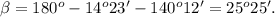 \beta=180^o-14^o23'-140^o12'=25^o25'.