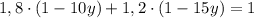 1,8\cdot(1-10y)+1,2\cdot(1-15y)=1