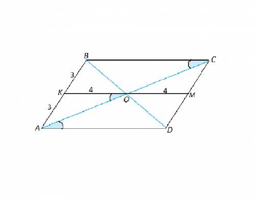 Впараллелограмме abcd диагонали пересекаются в точке o, k - середина стороны ab, ak = 3 см, ko = 4 с