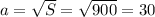 a=\sqrt{S}=\sqrt{900}=30