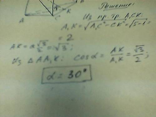 Сторона основания правильной треугольной призмы авса1в1с1 равна 2, а диагональ боковой грани равна к